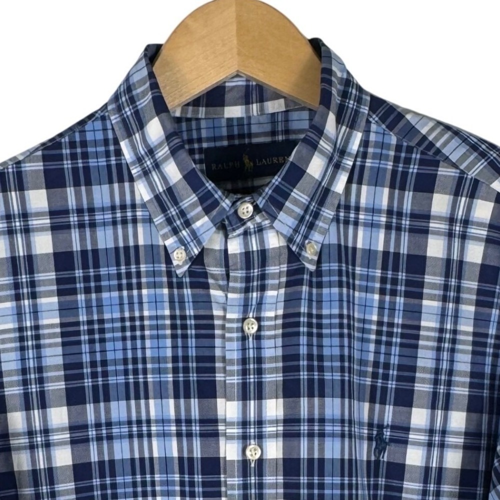 Ralph Lauren Mens Plaid Button Down Shirt Mens L Blue White Long Sleeve Classic